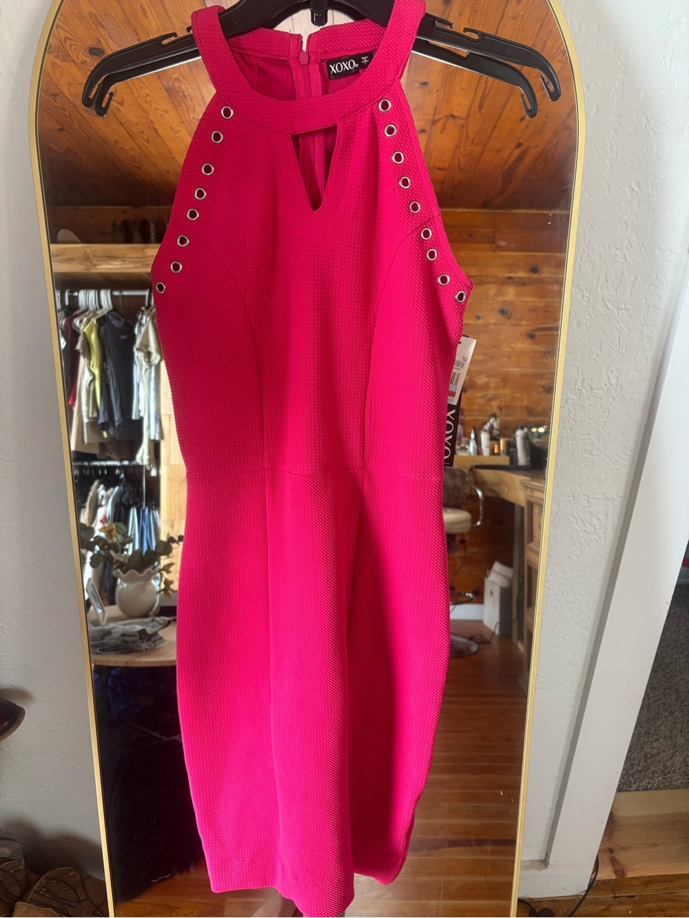 XOXO Hot Pink Halter Eyelet Midi Dress